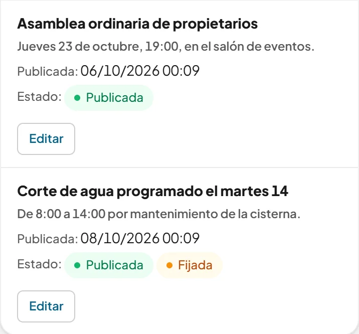 Noticias en el panel: la asamblea ordinaria y un corte de agua programado, publicadas; la del corte, fijada.